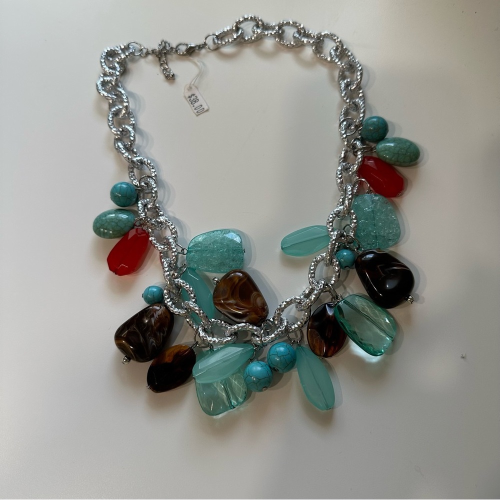 NWOT Elegant Silver and Multicolor Gemstone Necklace, turquoise,red,brown